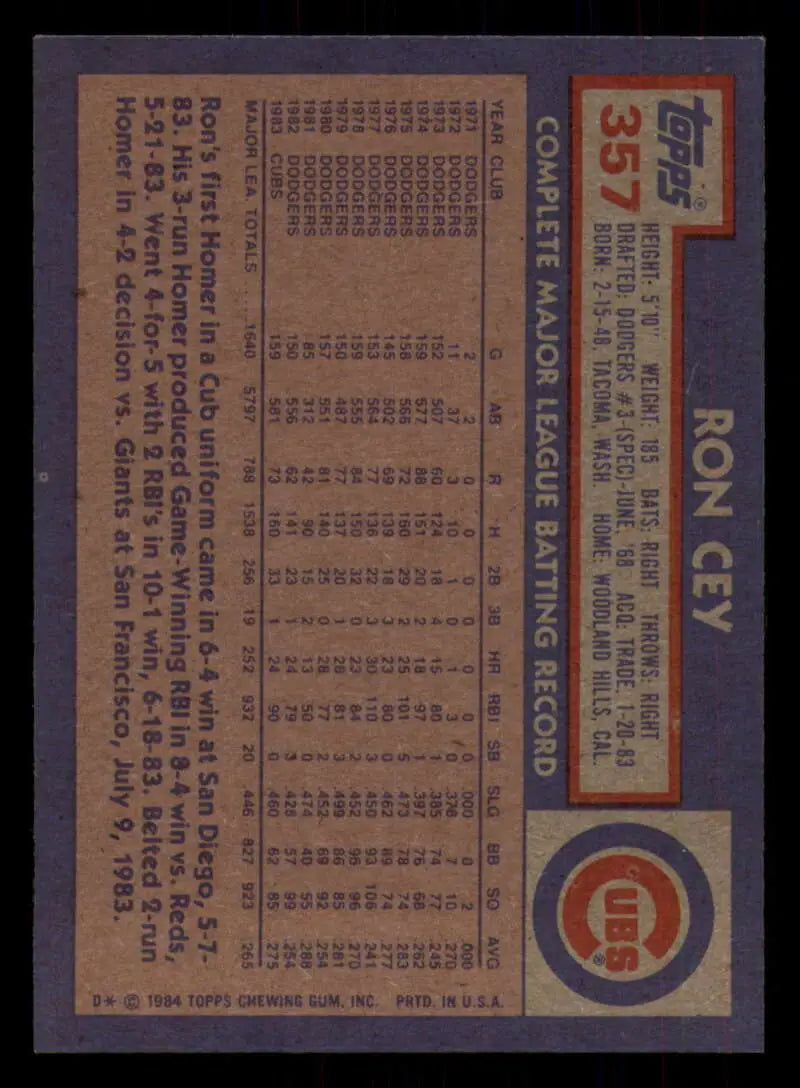 1984 Topps #357 Ron Cey EX Excellent Chicago Cubs Baseball Card - Baseball Card Single