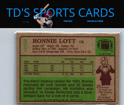 Ronnie Lott trading card from 1984 Topps #357 featuring the football legend