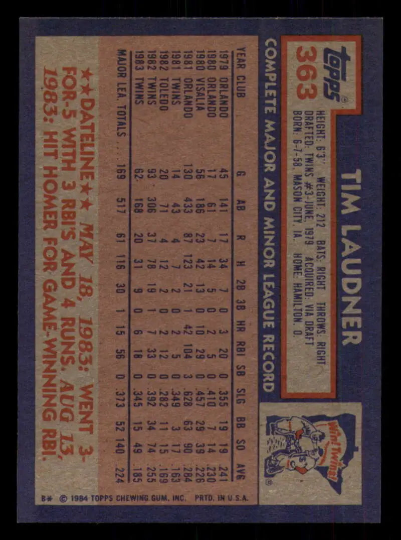 1984 Topps #363 Tim Laudner EX Excellent Minnesota Twins Baseball Card - Baseball Card Single