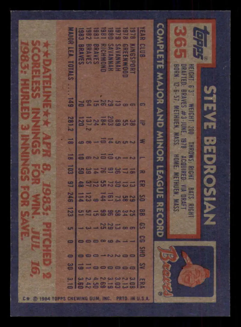 1984 Topps #365 Steve Bedrosian EX Excellent Atlanta Braves Baseball Card - Baseball Card Single