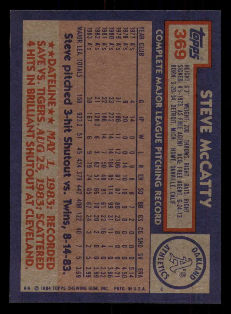 1984 Topps #369 Steve McCatty EX Excellent Oakland Athletics Baseball Card - Baseball Card Single
