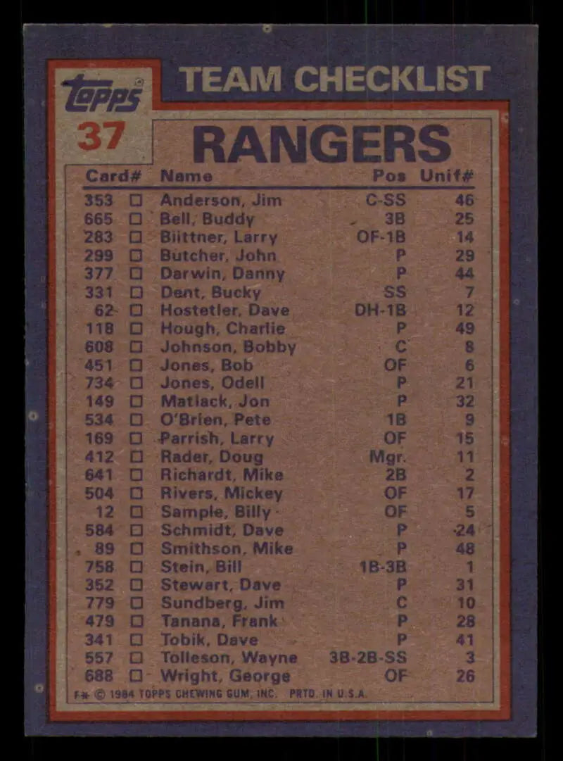 1984 Topps #37 Buddy Bell/Rick Honeycutt EX Excellent Texas Rangers Baseball Card - Baseball Card Single