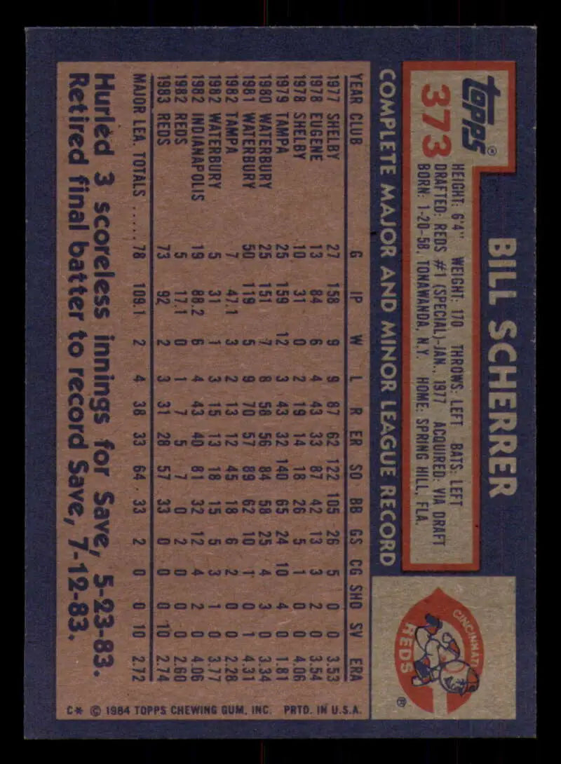 1984 Topps #373 Bill Scherrer EX Excellent Cincinnati Reds Baseball Card - Baseball Card Single