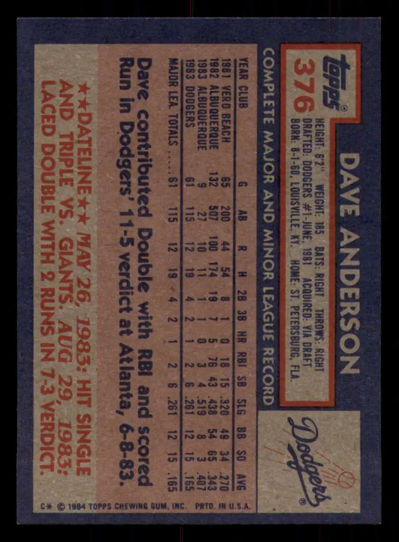 1984 Topps #376 Dave Anderson EX Excellent RC Rookie Los Angeles Dodgers Baseball Card - Baseball Card Single