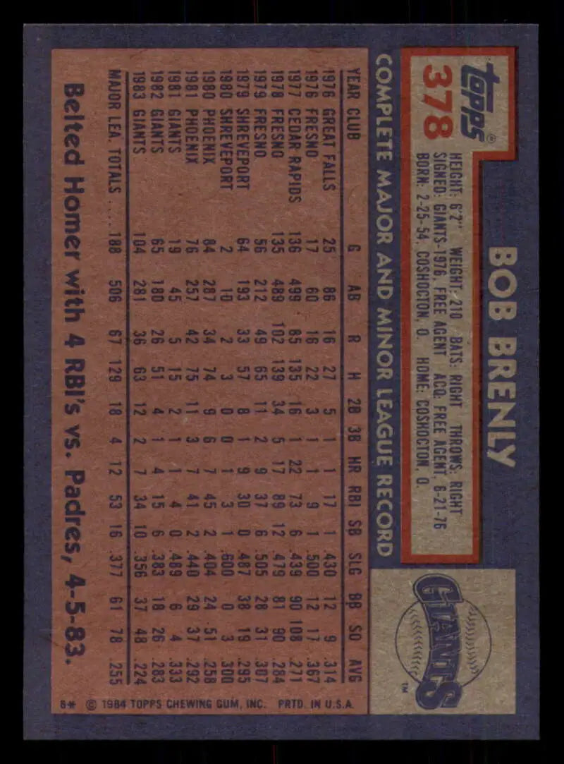 1984 Topps #378 Bob Brenly EX Excellent San Francisco Giants Baseball Card - Baseball Card Single