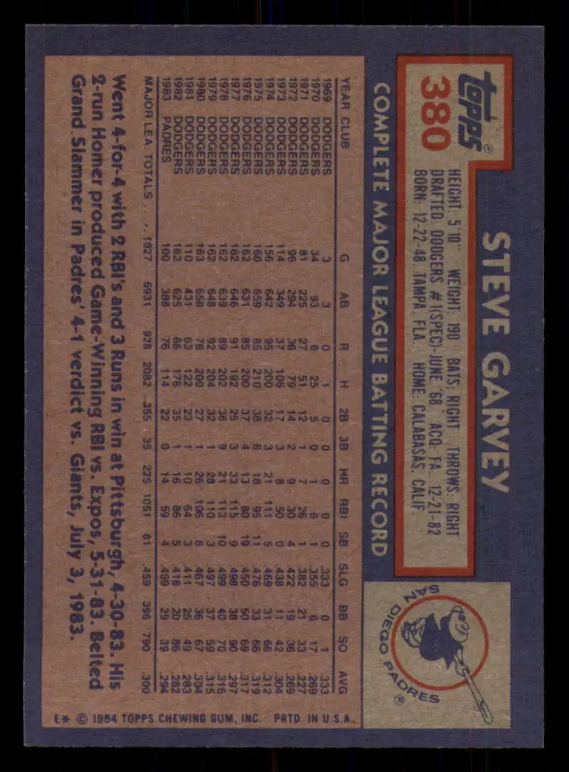 1984 Topps #380 Steve Garvey EX Excellent San Diego Padres Baseball Card - Baseball Card Single