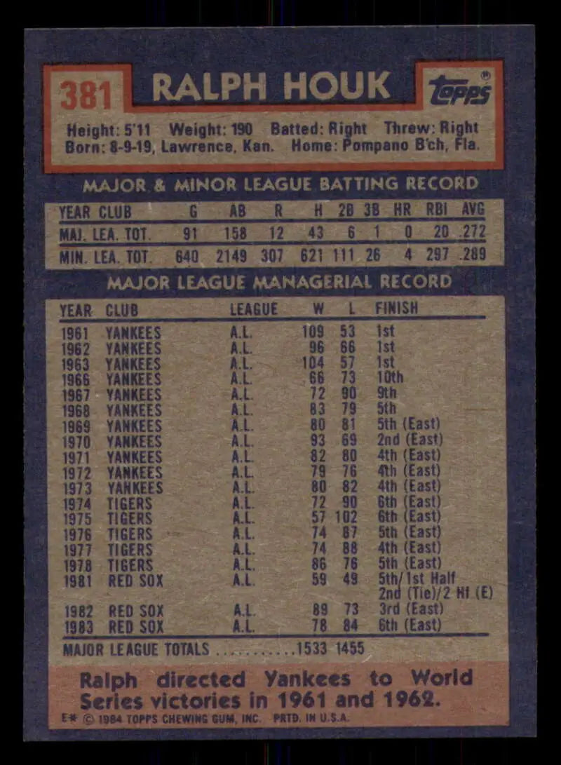 1984 Topps #381 Ralph Houk EX Excellent Boston Red Sox Baseball Card - Baseball Card Single