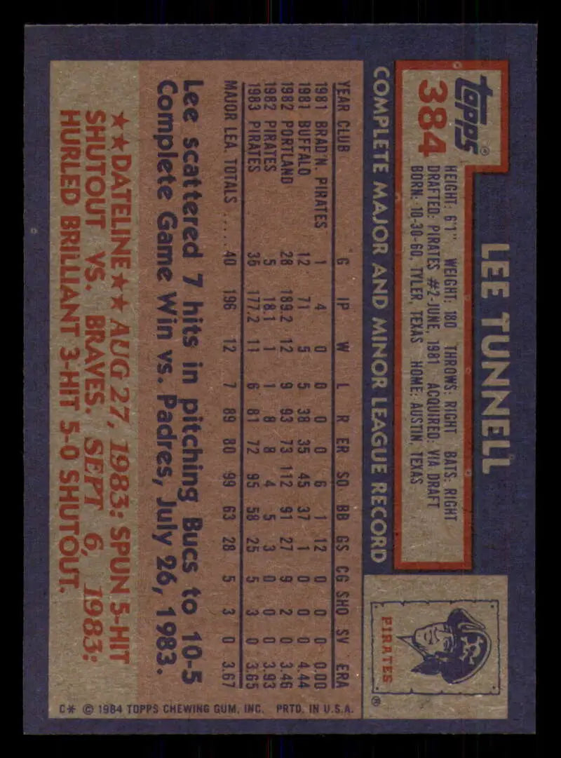 1984 Topps #384 Lee Tunnell EX Excellent Pittsburgh Pirates Baseball Card - Baseball Card Single
