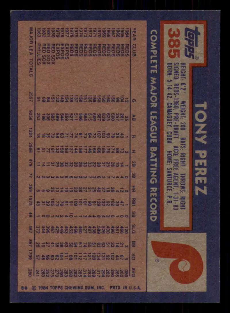 1984 Topps #385 Tony Perez EX Excellent Philadelphia Phillies Baseball Card - Baseball Card Single