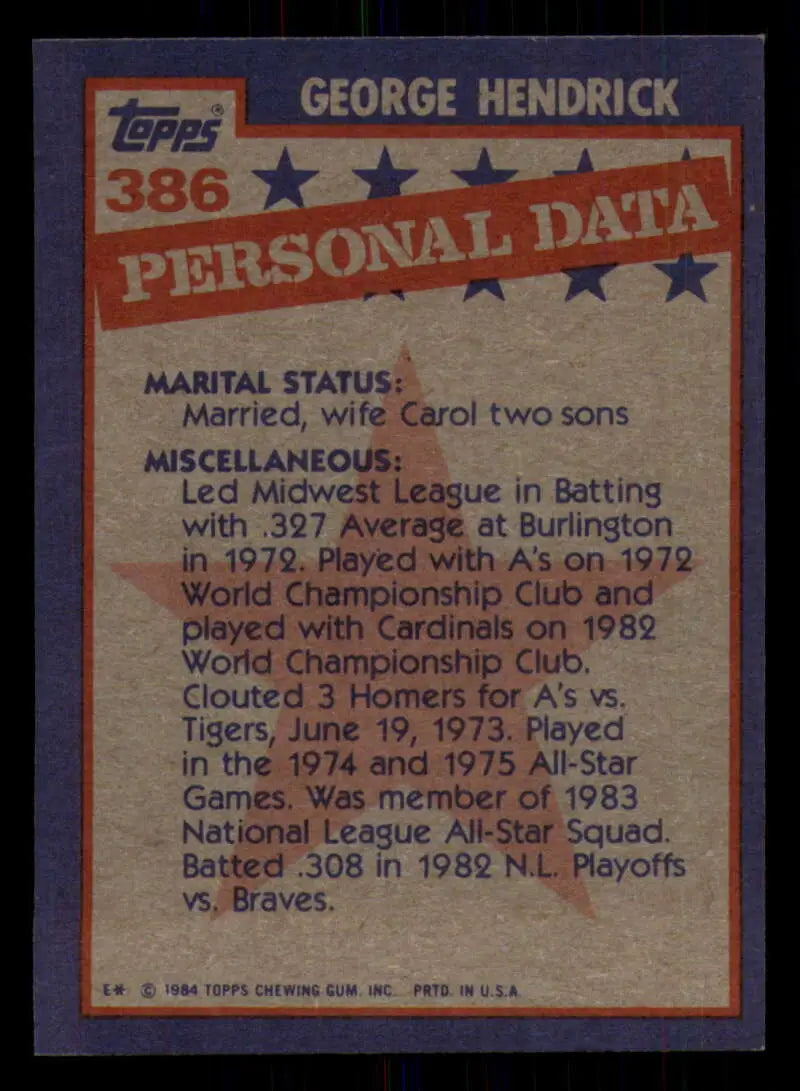 1984 Topps #386 George Hendrick EX Excellent St. Louis Cardinals Baseball Card - Baseball Card Single