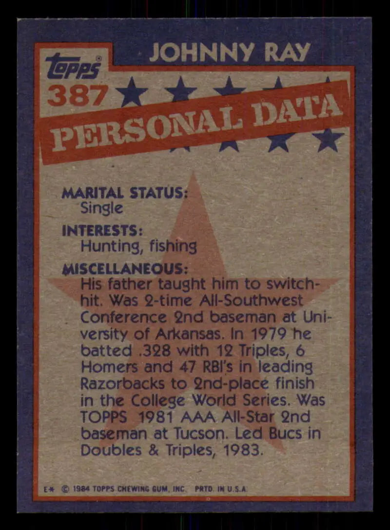 1984 Topps #387 Johnny Ray EX Excellent Pittsburgh Pirates Baseball Card - Baseball Card Single