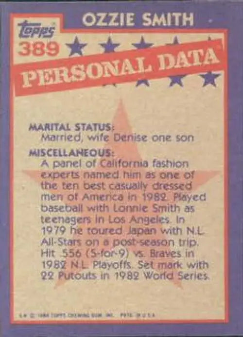1984 Topps #389 Ozzie Smith EX Excellent St. Louis Cardinals Baseball Card - Baseball Card Single