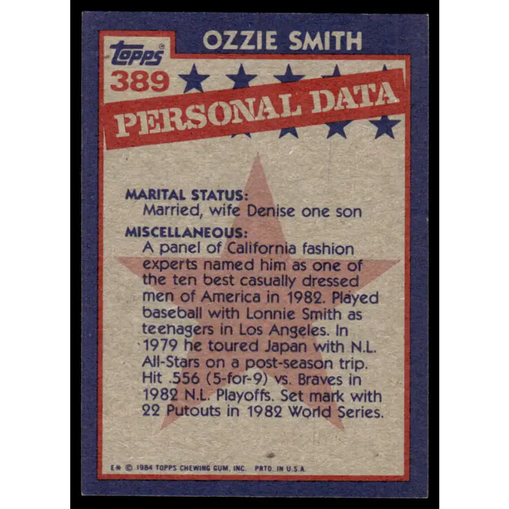 1984 Topps #389 Ozzie Smith EX/NM St. Louis Cardinals Baseball Card - Baseball Card Single
