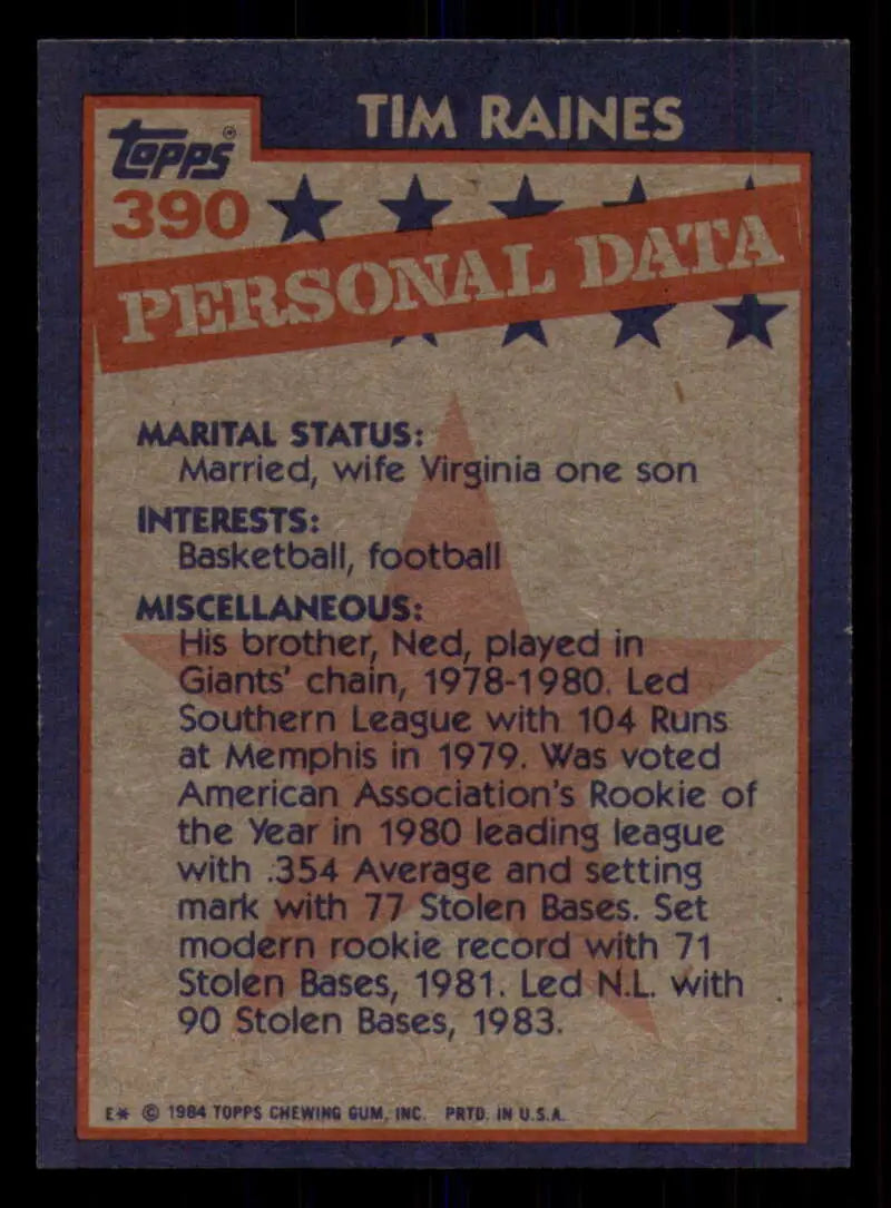 1984 Topps #390 Tim Raines EX Excellent Montreal Expos Baseball Card - Baseball Card Single