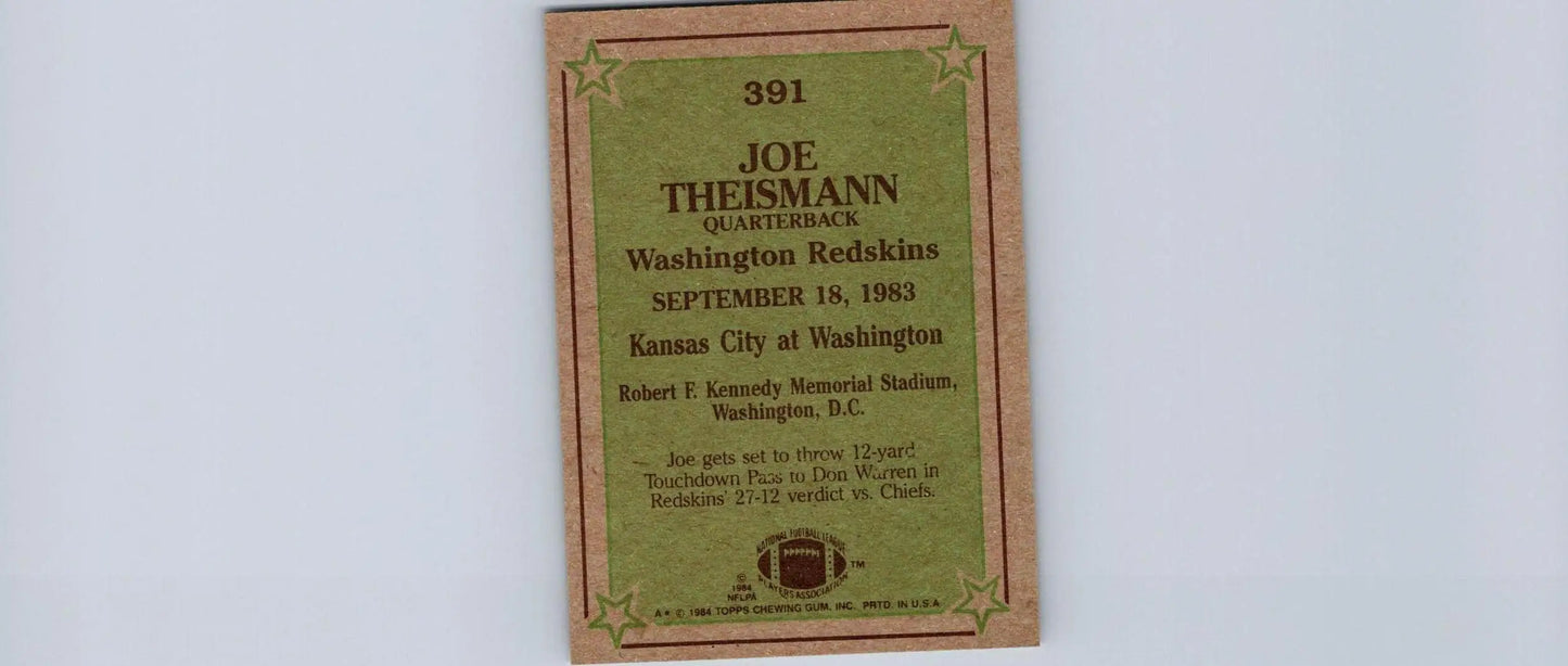 Joe Theismann trading card from the 1984 Topps #391 collection