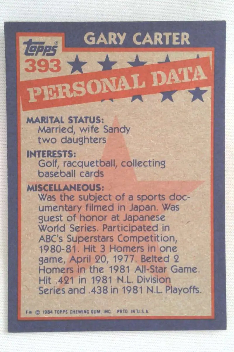 1984 Topps #393 Gary Carter EX Excellent Montreal Expos Baseball Card - Baseball Card Single