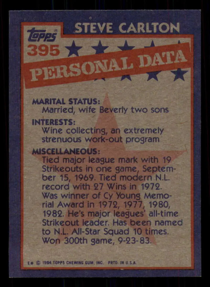 1984 Topps #395 Steve Carlton EX Excellent Philadelphia Phillies Baseball Card - Baseball Card Single