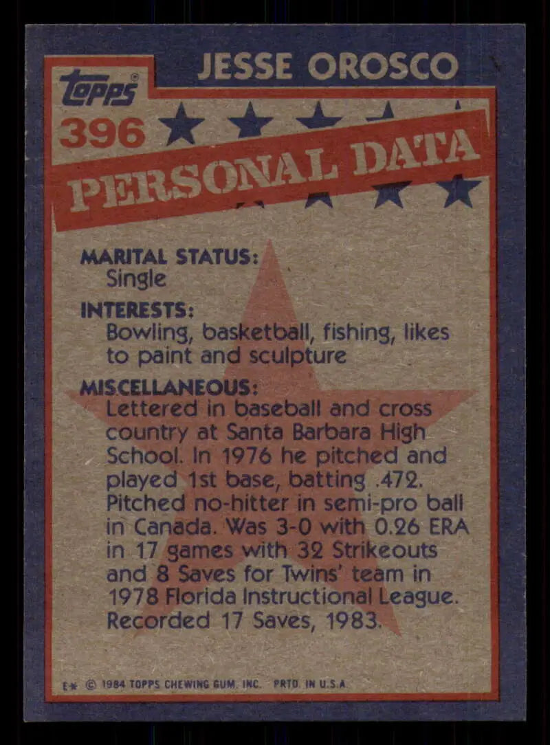 1984 Topps #396 Jesse Orosco EX Excellent New York Mets Baseball Card - Baseball Card Single