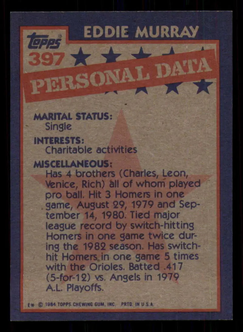 1984 Topps #397 Eddie Murray EX Excellent Baltimore Orioles Baseball Card - Baseball Card Single