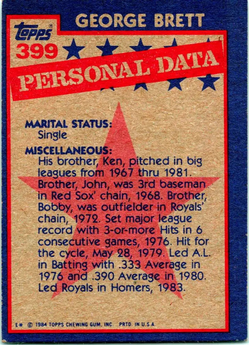 1984 Topps #399 George Brett EX Excellent Kansas City Royals Baseball Card - Baseball Card Single