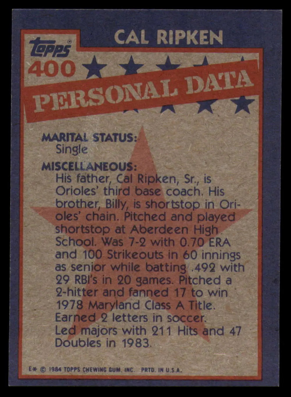 1984 Topps #400 Cal Ripken Jr. EX Excellent Baltimore Orioles Baseball Card - Baseball Card Single