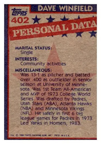 Original gloss back of 1984 Topps Dave Winfield Yankees baseball cards card