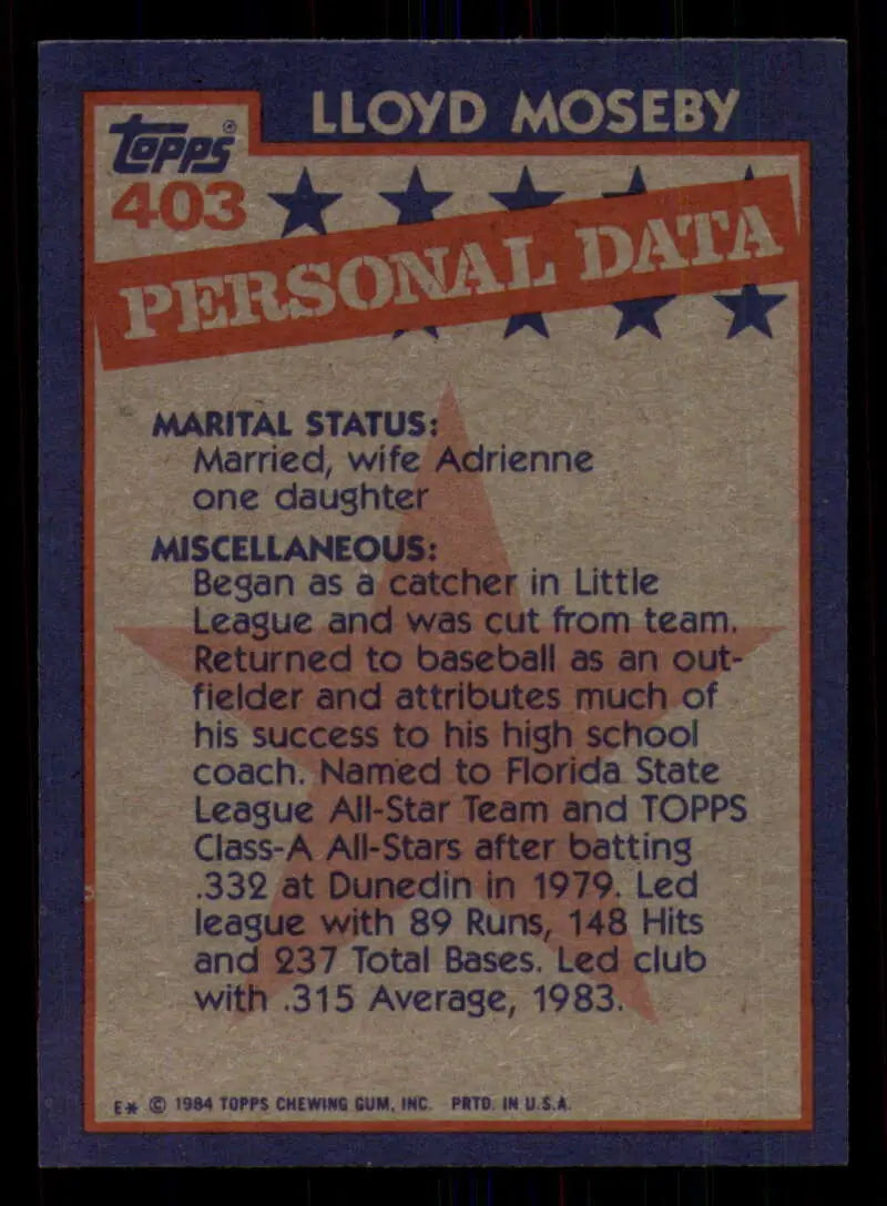 1984 Topps #403 Lloyd Moseby EX Excellent Toronto Blue Jays Baseball Card - Baseball Card Single