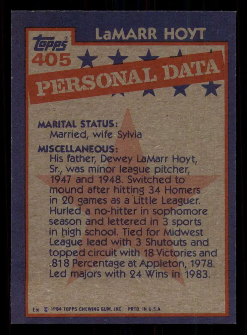 1984 Topps #405 LaMarr Hoyt EX Excellent Chicago White Sox Baseball Card - Baseball Card Single