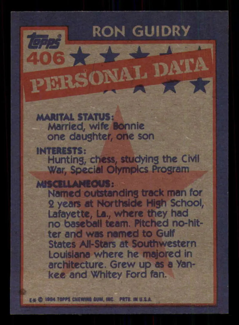 1984 Topps #406 Ron Guidry EX Excellent New York Yankees Baseball Card - Baseball Card Single