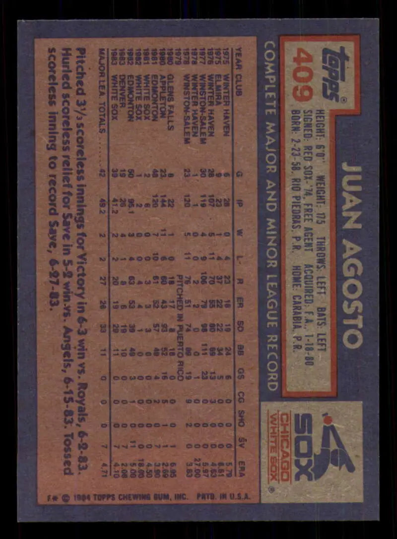1984 Topps #409 Juan Agosto EX Excellent Chicago White Sox Baseball Card - Baseball Card Single