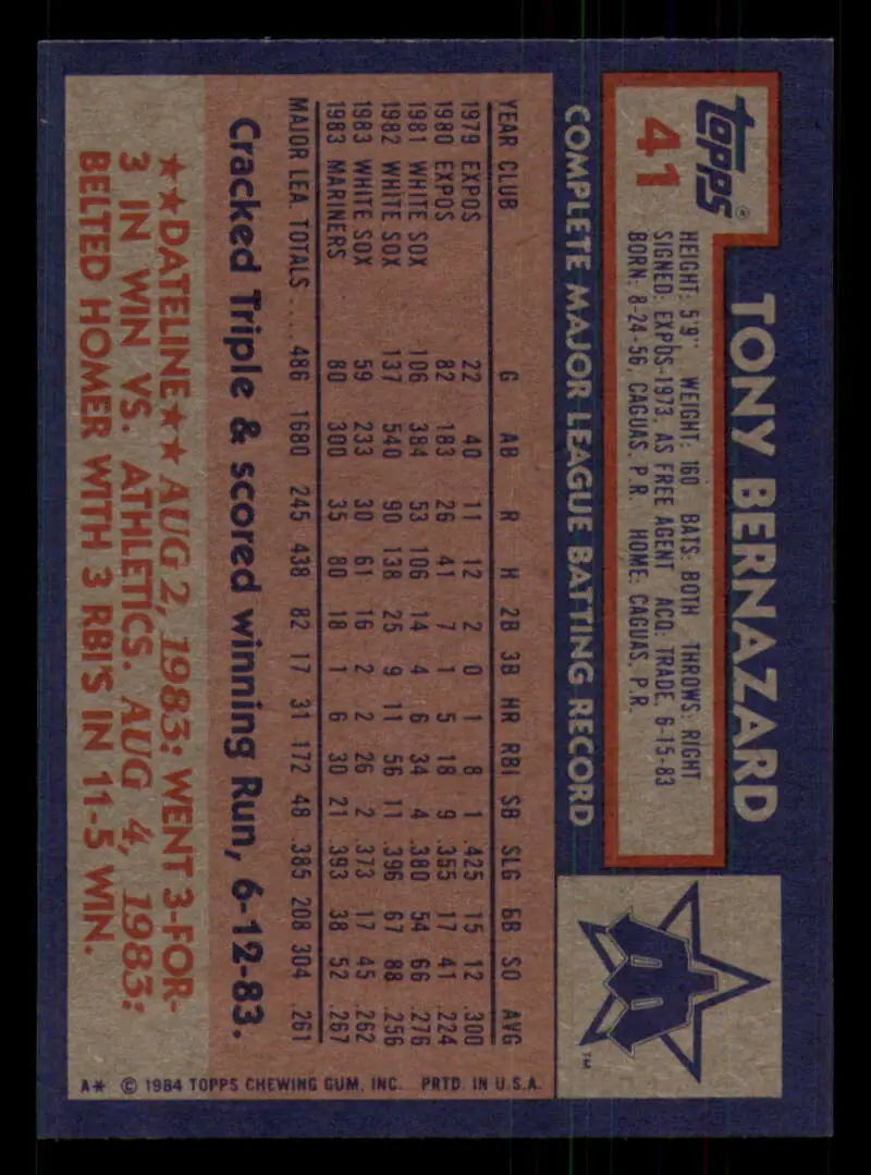 1984 Topps #41 Tony Bernazard EX Excellent Seattle Mariners Baseball Card - Baseball Card Single