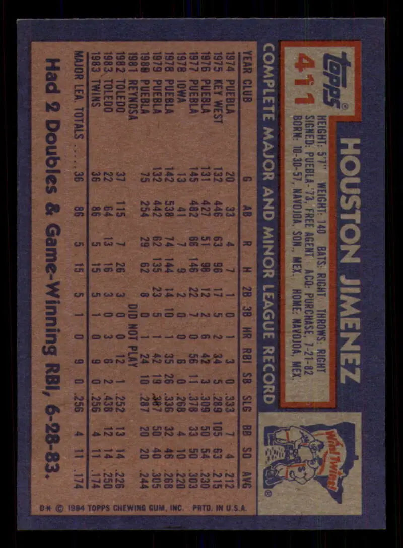 1984 Topps #411 Houston Jimenez EX Excellent RC Rookie Minnesota Twins Baseball Card - Baseball Card Single