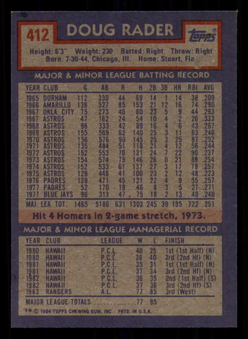 1984 Topps #412 Doug Rader EX Excellent Texas Rangers Baseball Card - Baseball Card Single