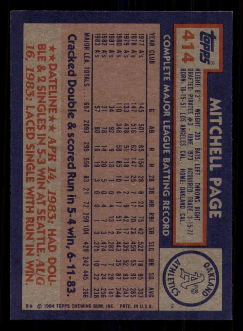 1984 Topps #414 Mitchell Page EX Excellent Oakland Athletics Baseball Card - Baseball Card Single