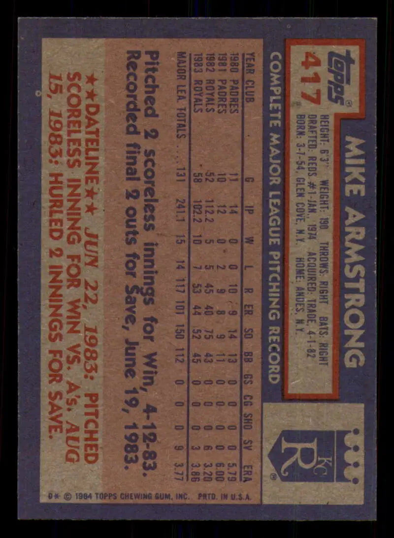 1984 Topps #417 Mike Armstrong EX Excellent Kansas City Royals Baseball Card