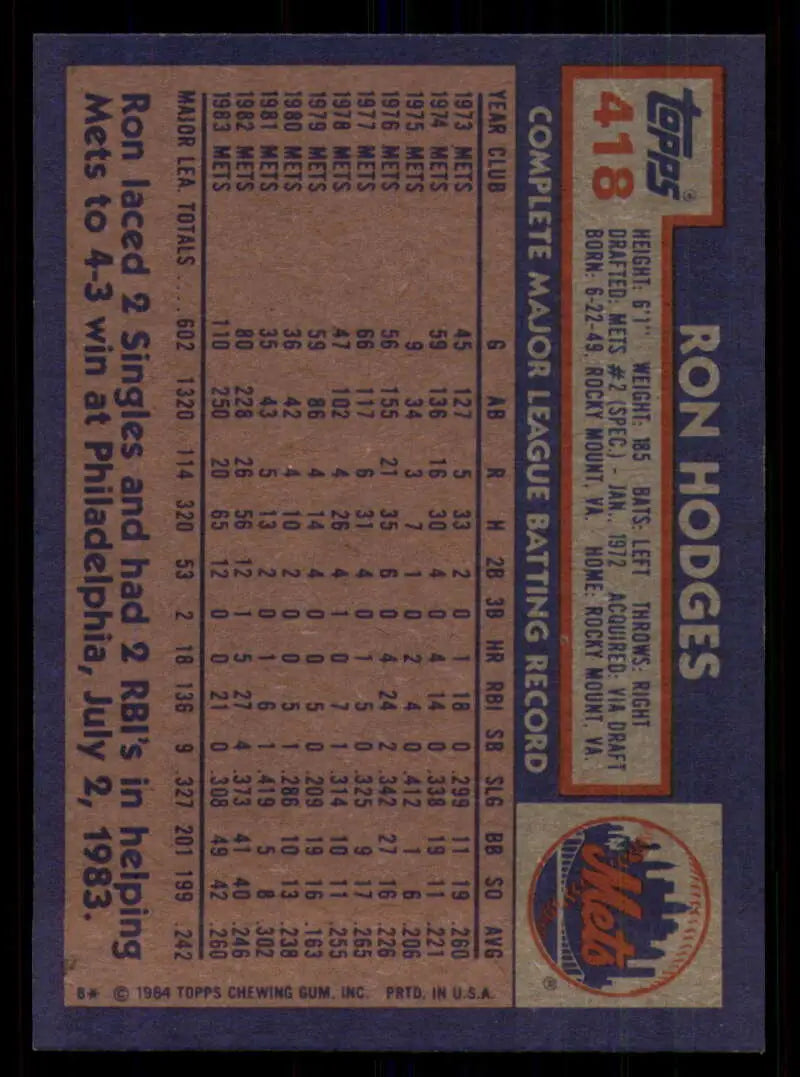 1984 Topps #418 Ron Hodges EX Excellent New York Mets Baseball Card - Baseball Card Single