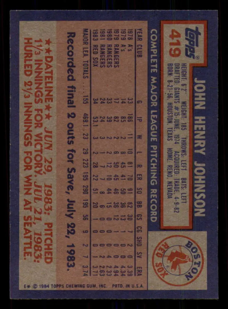 1984 Topps #419 John Henry Johnson EX Excellent Boston Red Sox Baseball Card - Baseball Card Single