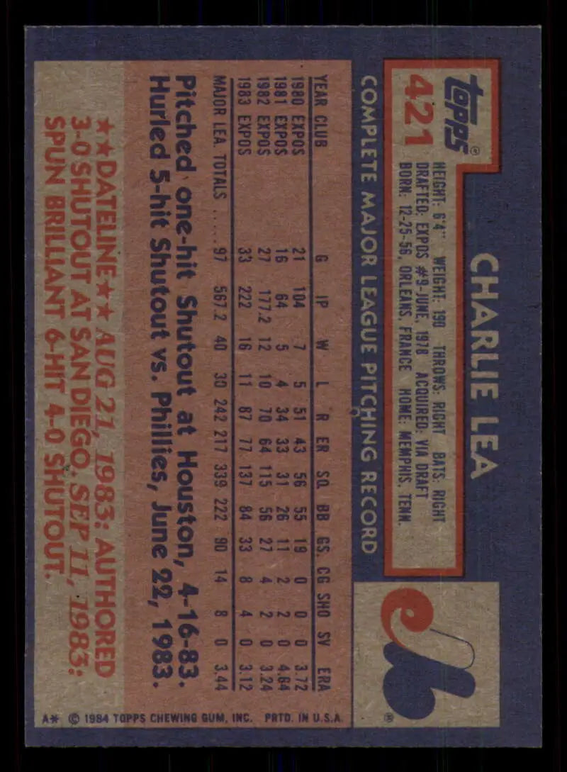 1984 Topps #421 Charlie Lea EX Excellent Montreal Expos Baseball Card - Baseball Card Single