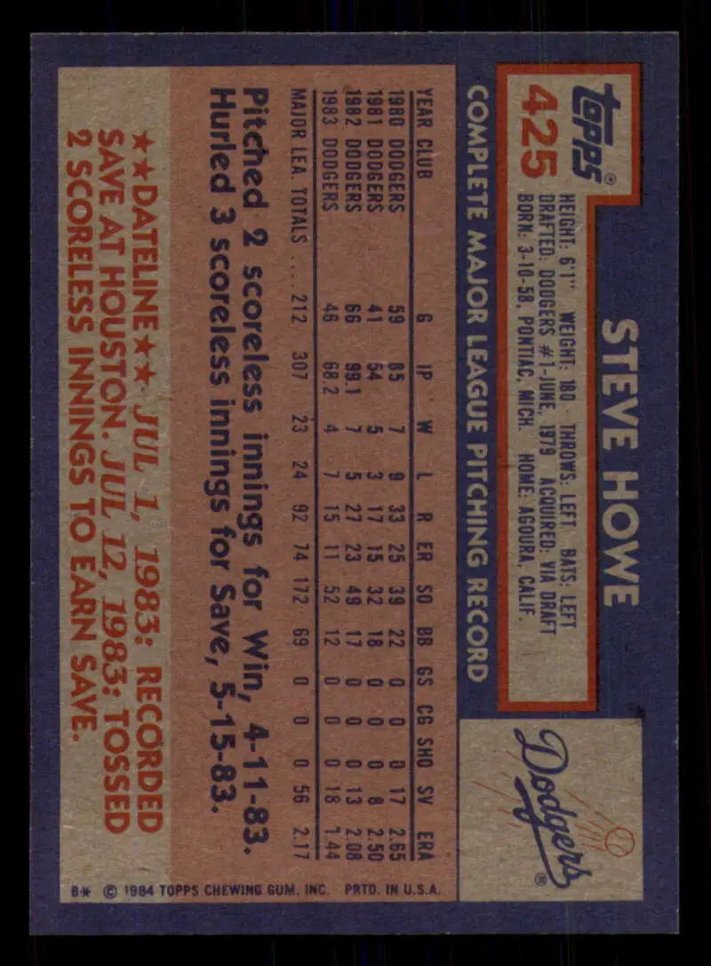 1984 Topps #425 Steve Howe EX Excellent Los Angeles Dodgers Baseball Card - Baseball Card Single