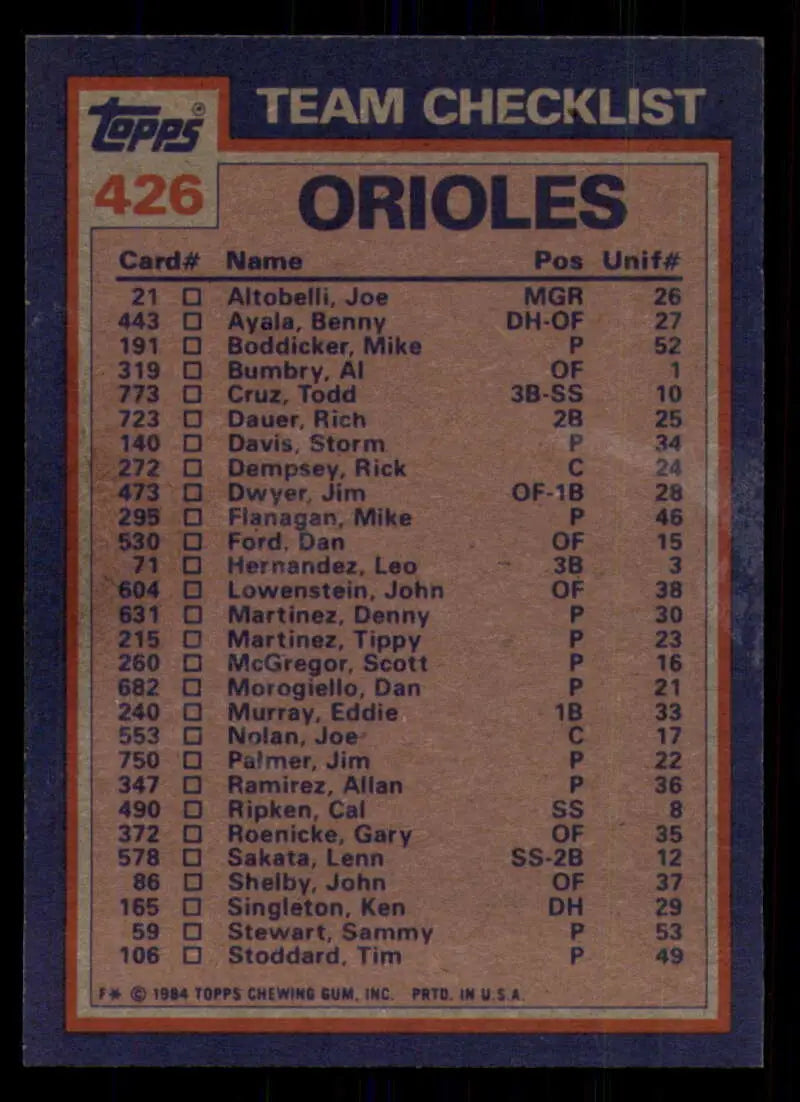1984 Topps #426 Cal Ripken Jr./Mike Boddicker EX Excellent Baltimore Orioles Baseball Card - Baseball Card Single