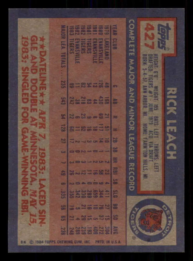 1984 Topps #427 Rick Leach EX Excellent Detroit Tigers Baseball Card - Baseball Card Single