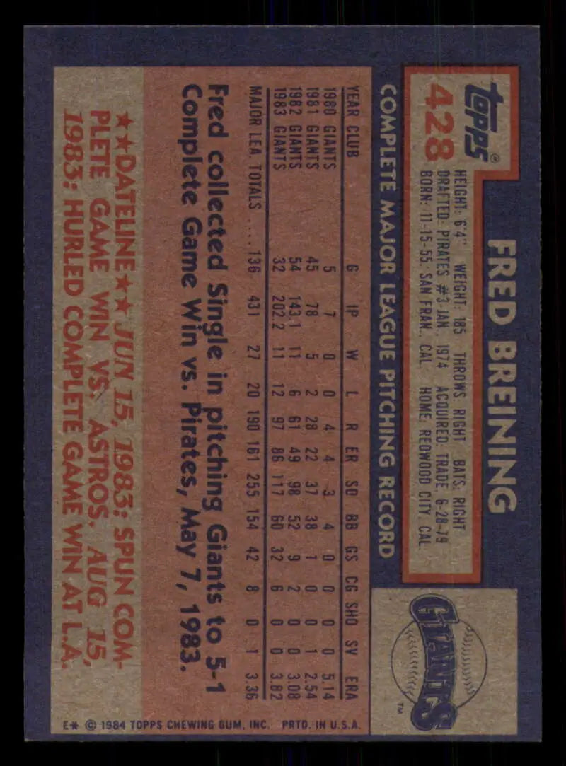 1984 Topps #428 Fred Breining EX Excellent San Francisco Giants Baseball Card - Baseball Card Single