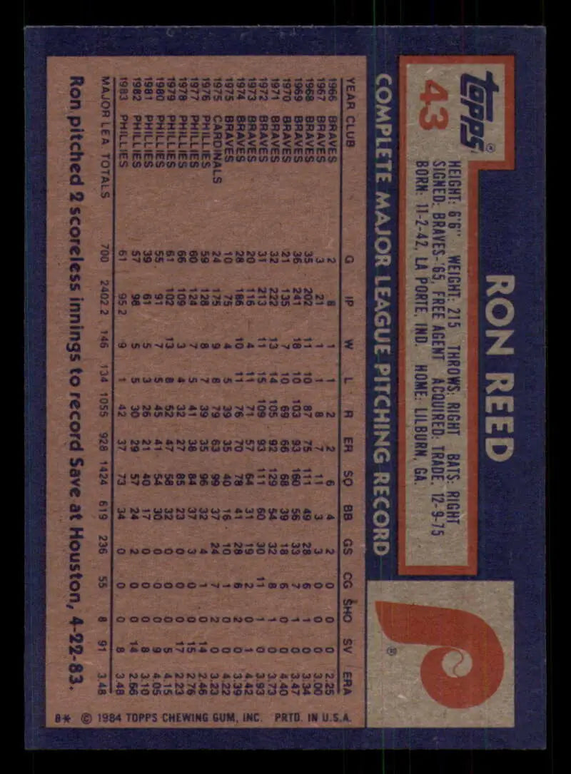 1984 Topps #43 Ron Reed EX Excellent Philadelphia Phillies Baseball Card - Baseball Card Single
