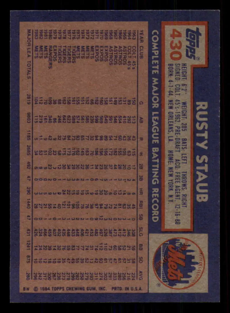 1984 Topps #430 Rusty Staub EX Excellent New York Mets Baseball Card - Baseball Card Single