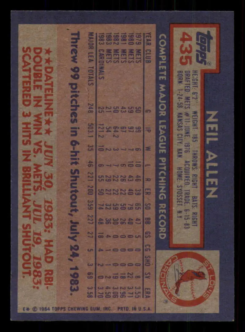 1984 Topps #435 Neil Allen EX Excellent St. Louis Cardinals Baseball Card - Baseball Card Single