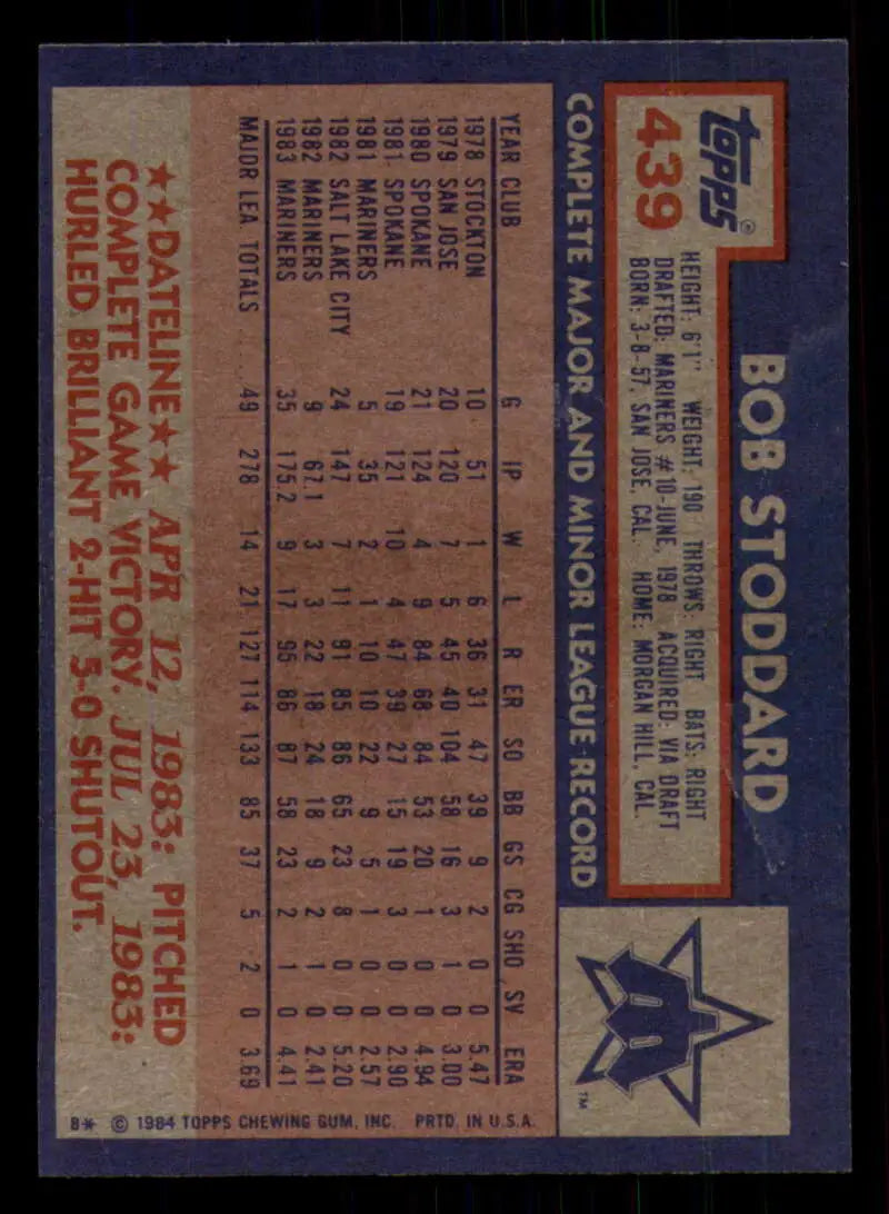 1984 Topps #439 Bob Stoddard EX Excellent Seattle Mariners Baseball Card - Baseball Card Single