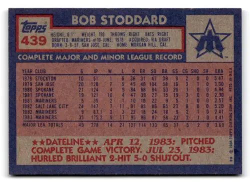 Original gloss Bob Stoddard baseball card from 1984 Topps Mariners sale