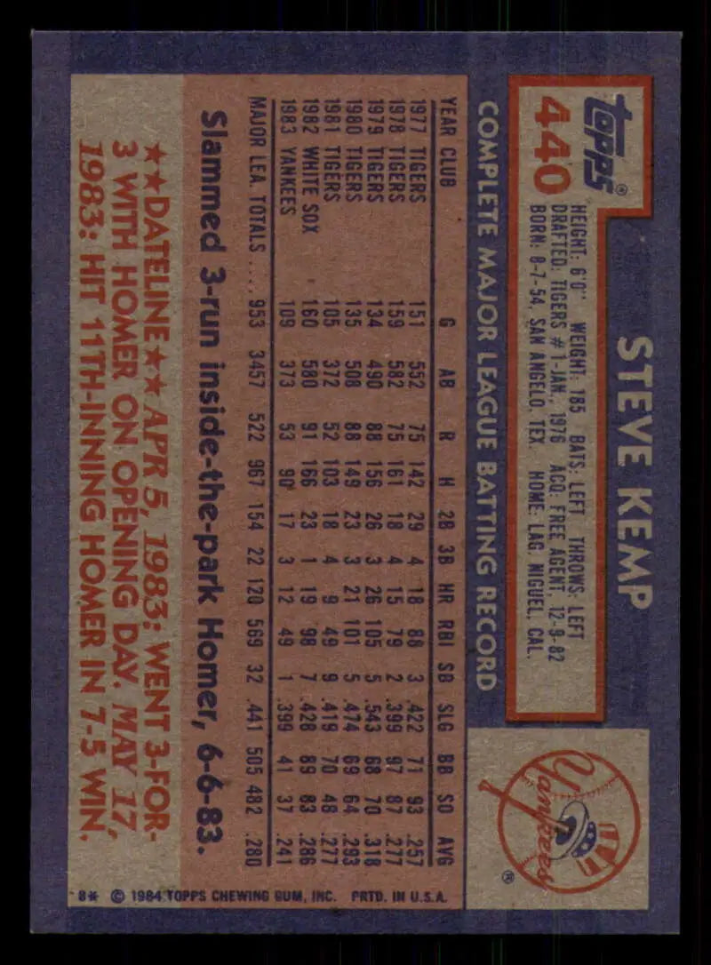 1984 Topps #440 Steve Kemp EX Excellent New York Yankees Baseball Card - Baseball Card Single
