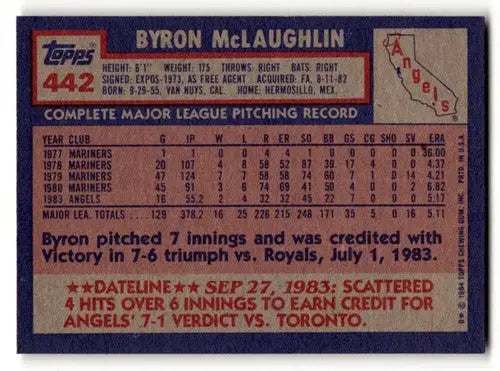 Original gloss Byron McLaughlin California Angels baseball card from 1984 Topps #442