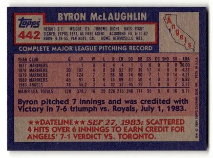 Original gloss Byron McLaughlin California Angels baseball card from 1984 Topps #442